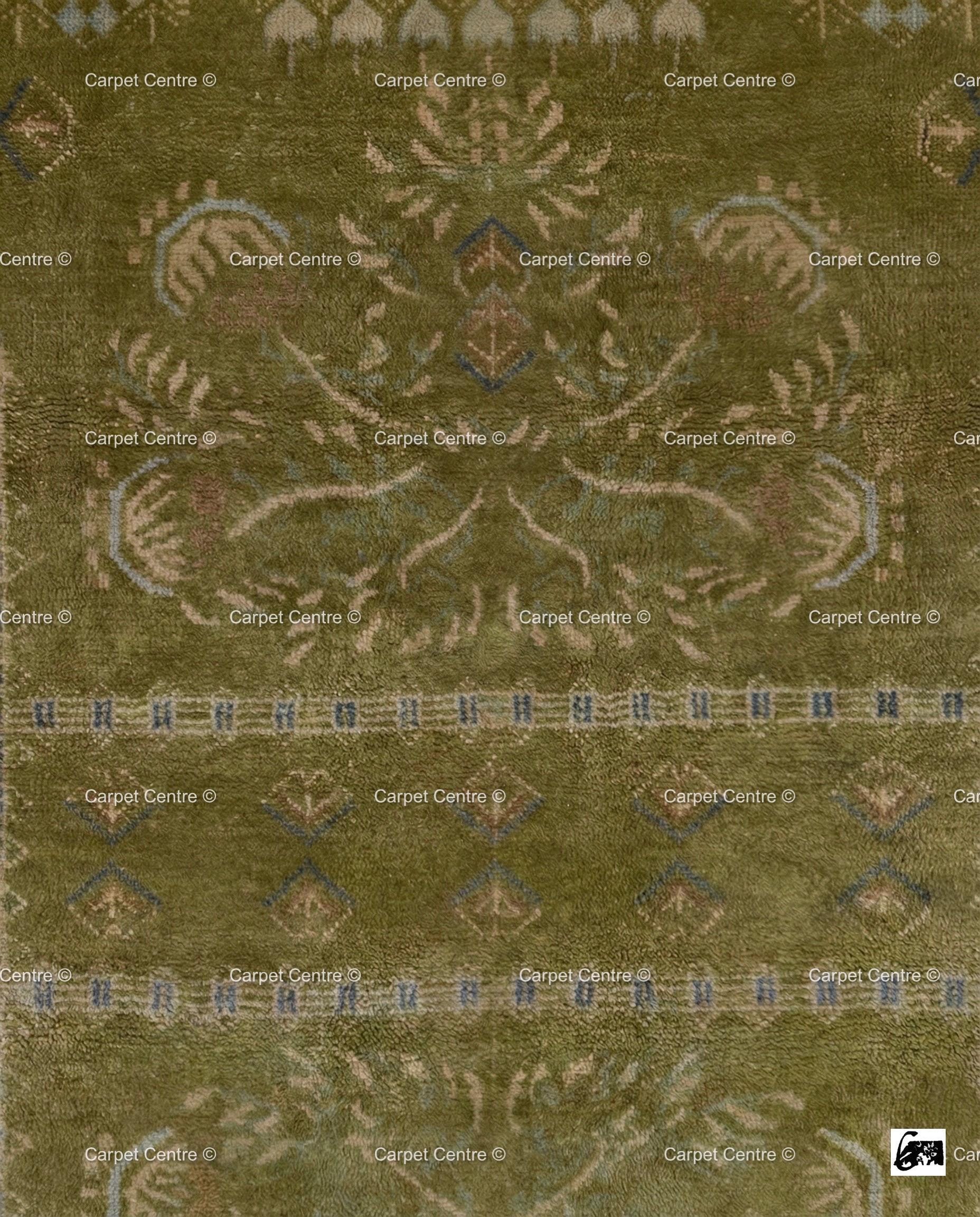 Hand-Knotted Olive Green Wool Oushak Rug 8x10 | Vintage Turkish Low Pile Carpet