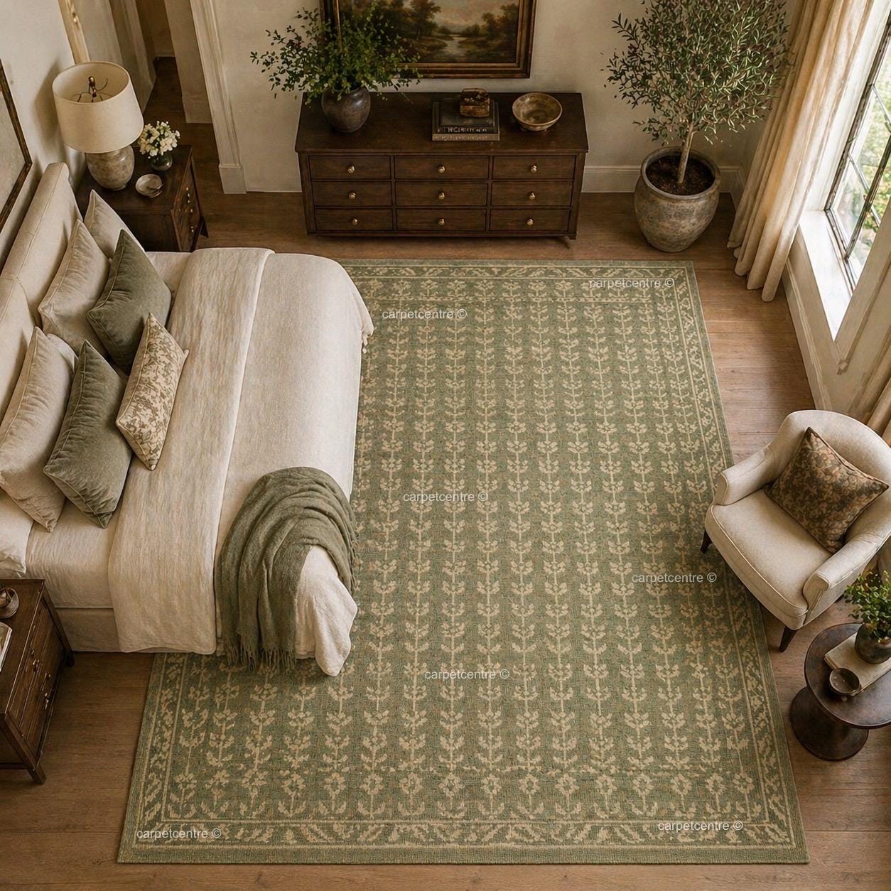 Handmade Sage Green Oushak Wool Rug: Distressed Floral Turkish Area Rug