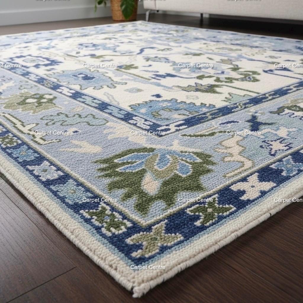 Hand-Knotted Wool Area Rug: Ivory & Blue Oushak Medallion Design