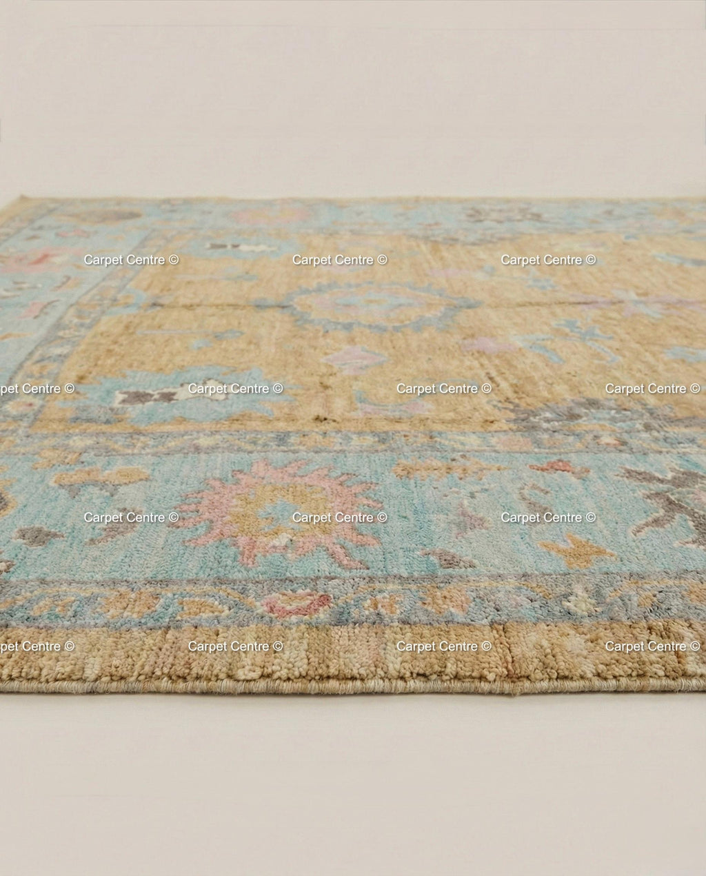 Hand-Knotted Wool Oushak Rug, Yellow Field, Blue Floral Border