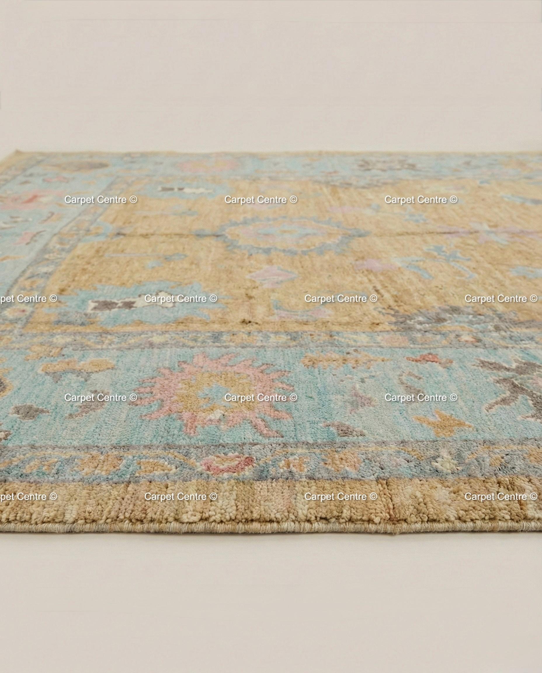 Hand-Knotted Wool Oushak Rug, Yellow Field, Blue Floral Border