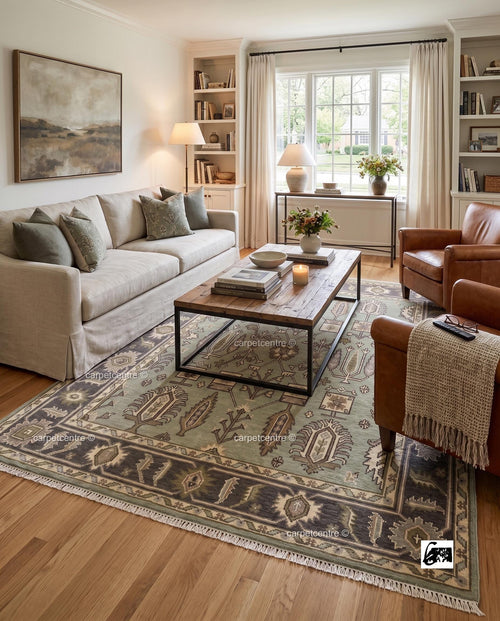 Hand Knotted Oushak Rug, Sage Green Wool Botanical Tribal Carpet