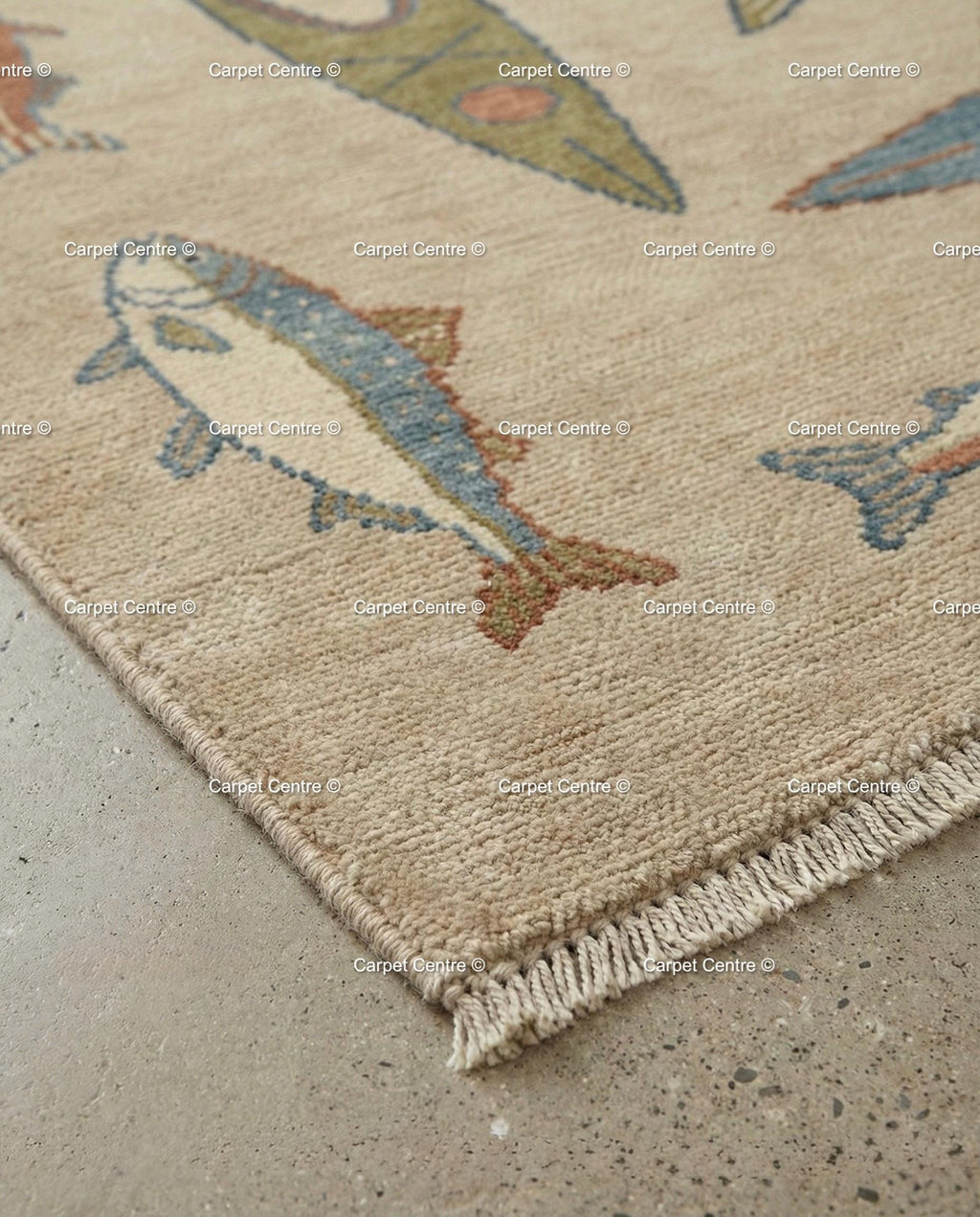 Hand-Knotted Turkish Wool Oushak Rug, Canoe & Fish Design