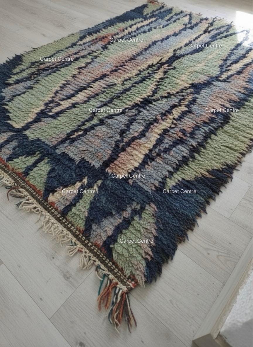 Handmade Moroccan Shag Rug, Navy Blue, Sage Green, Wool Tulu Rug