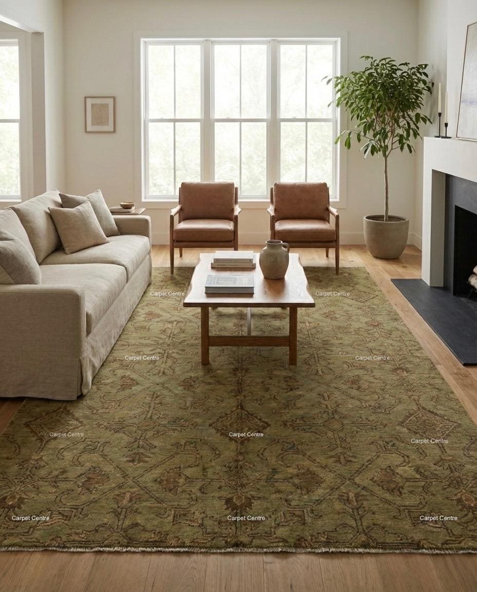 Hand Knotted Wool Oushak Rug, Muted Olive Green Geometric Carpet