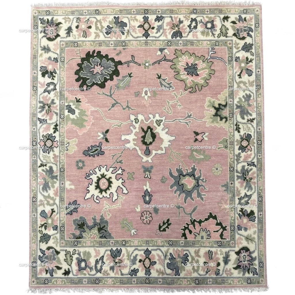Hand Knotted Pink Oushak Rug: New Zealand Wool Floral Area Rug