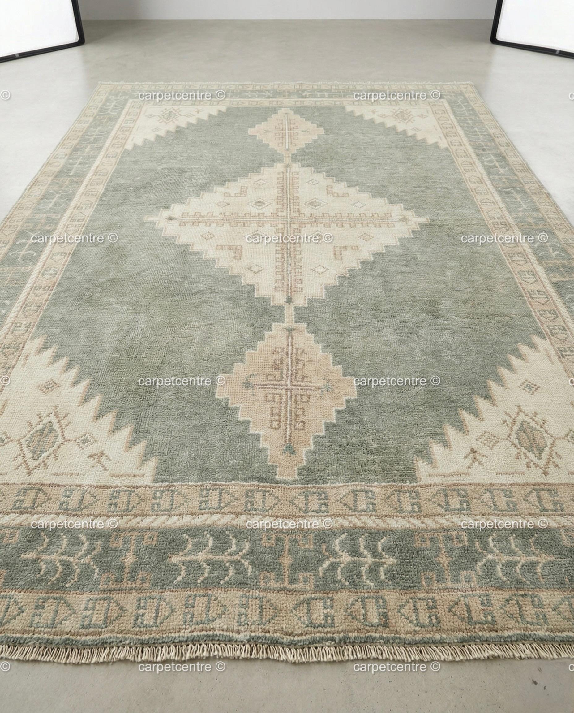 Hand Knotted Wool Rug, Muted Sage Green Pastel Turkish Style Area Rug