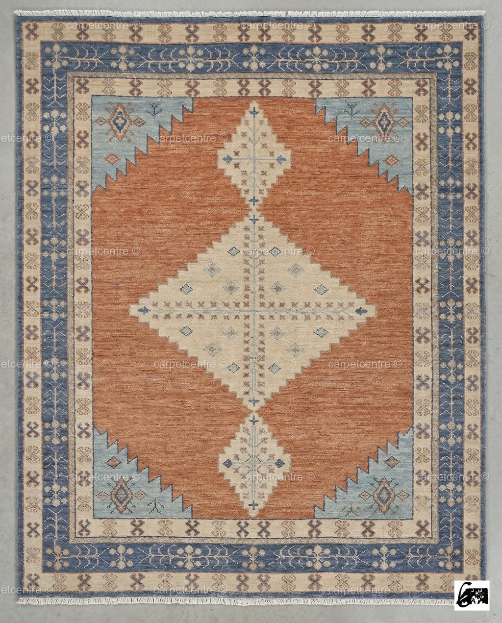 Hand Knotted Oushak Rug | Rust Orange, Blue Tribal Geometric Wool Carpet