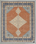 Hand Knotted Oushak Rug | Rust Orange, Blue Tribal Geometric Wool Carpet