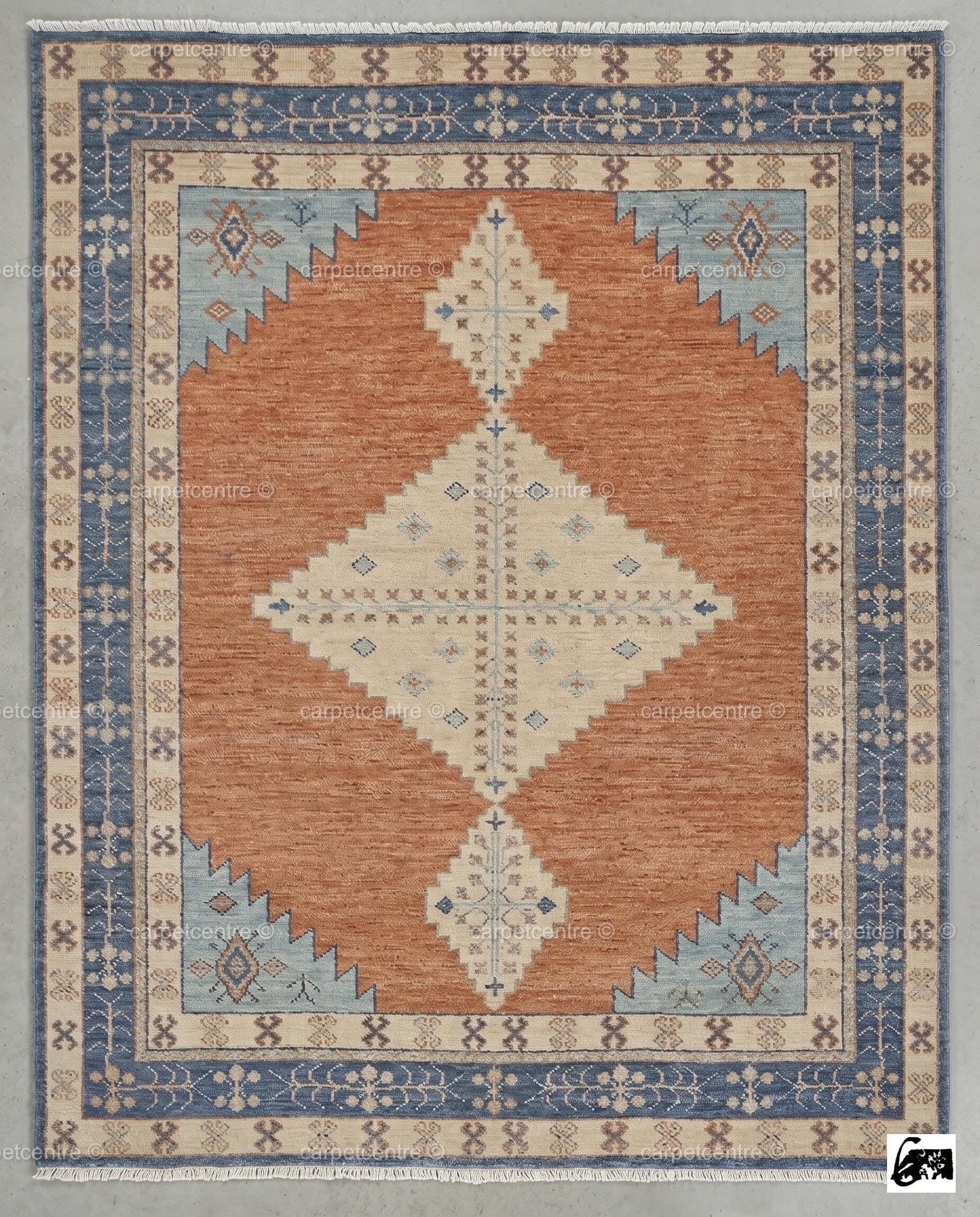 Hand Knotted Oushak Rug | Rust Orange, Blue Tribal Geometric Wool Carpet