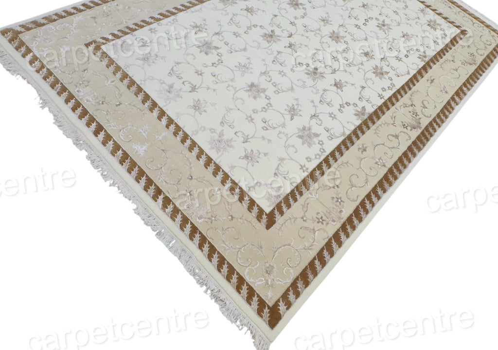 Vintage Beige Floral Wool Rug: Handwoven Indian Art Silk Carpet