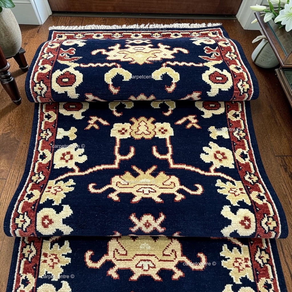 Hand-Knotted Wool Runner Rug, Navy Blue Tribal Design, Traditional Hallway Entryway Carpet