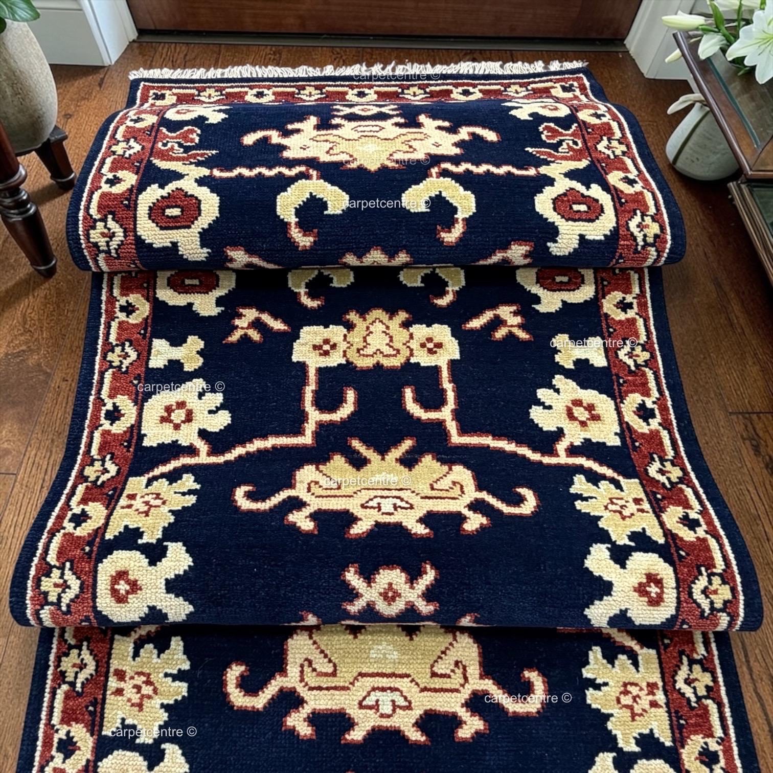 Hand-Knotted Wool Runner Rug, Navy Blue Tribal Design, Traditional Hallway Entryway Carpet