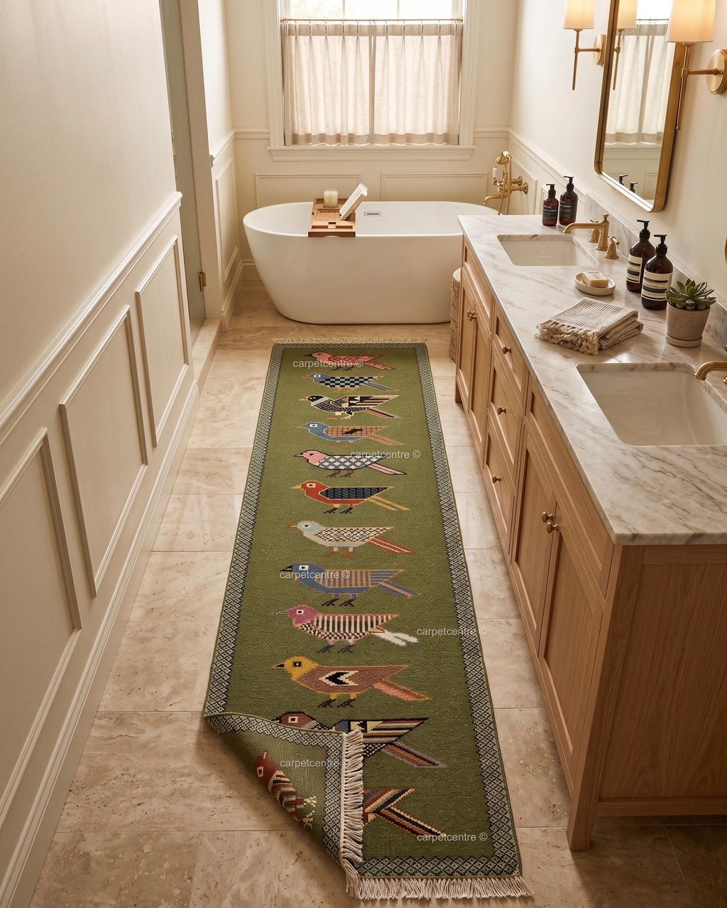 Handmade Wool Folk Art Bird Runner Rug, Green Hallway Carpet, Turkish Knot Artisan Made