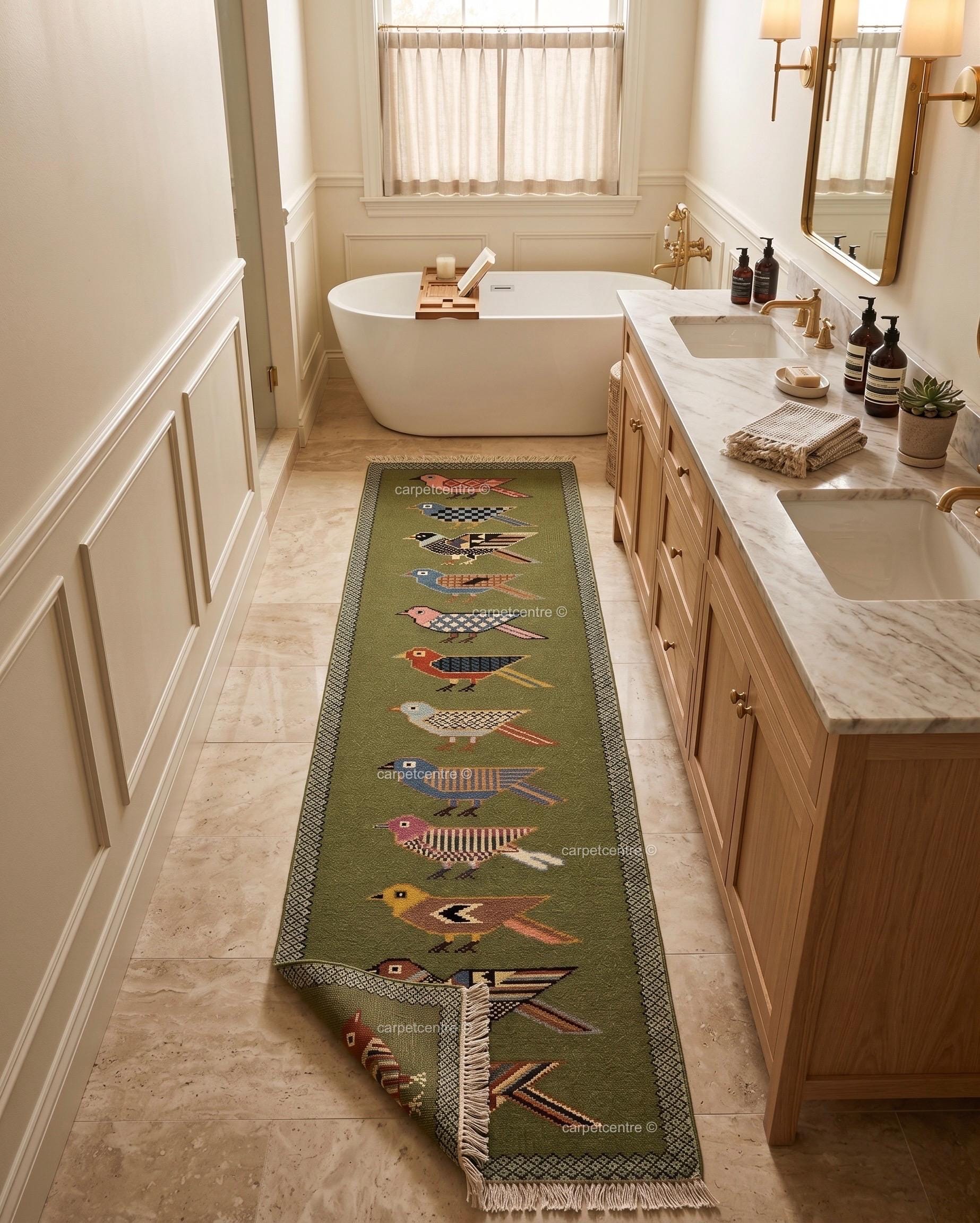 Handmade Wool Folk Art Bird Runner Rug, Green Hallway Carpet, Turkish Knot Artisan Made