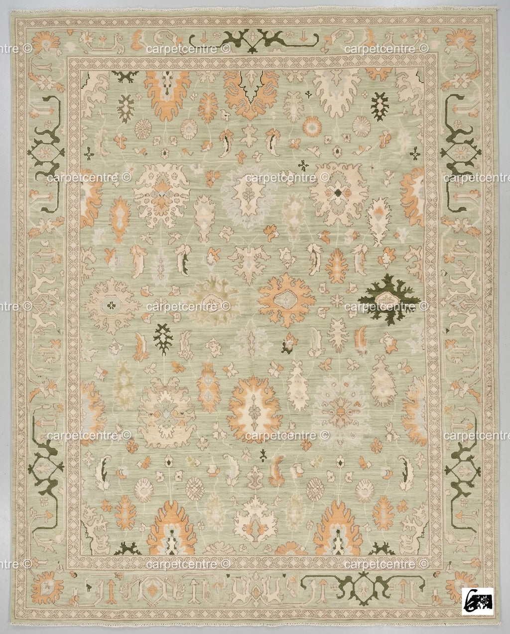 Hand Knotted Oushak Rug, Sage Green Peach Floral Wool Carpet, Turkish Style Area Rug