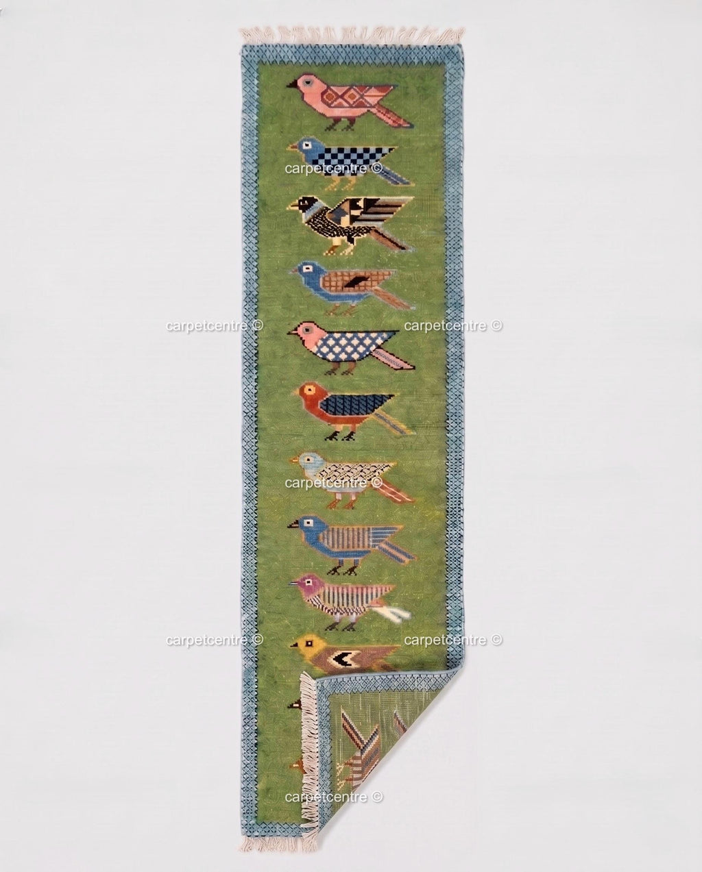 Handmade Wool Runner Rug, Folk Art Bird Design, Olive Green Carpet, Custom Sizes