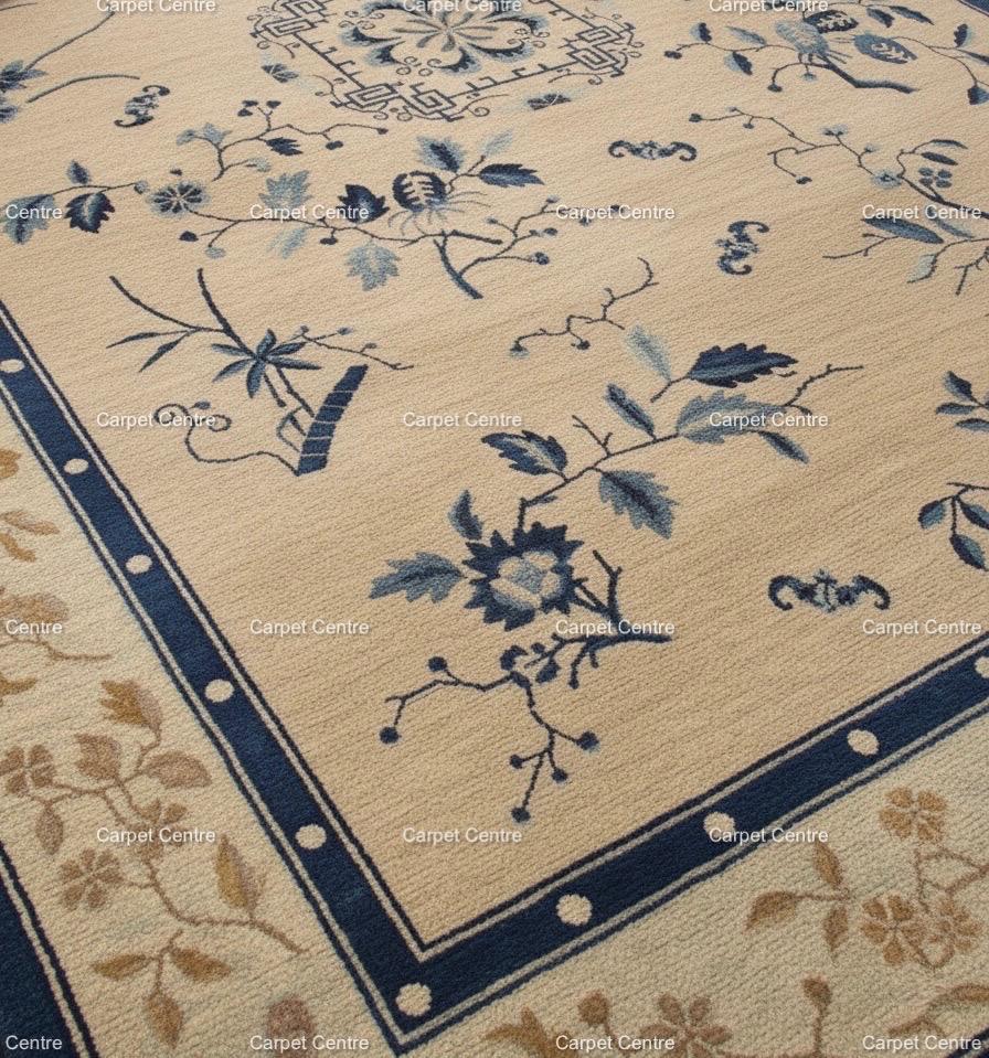 Hand-Knotted Oushak Wool Rug: Blue Beige Chinoiserie Design