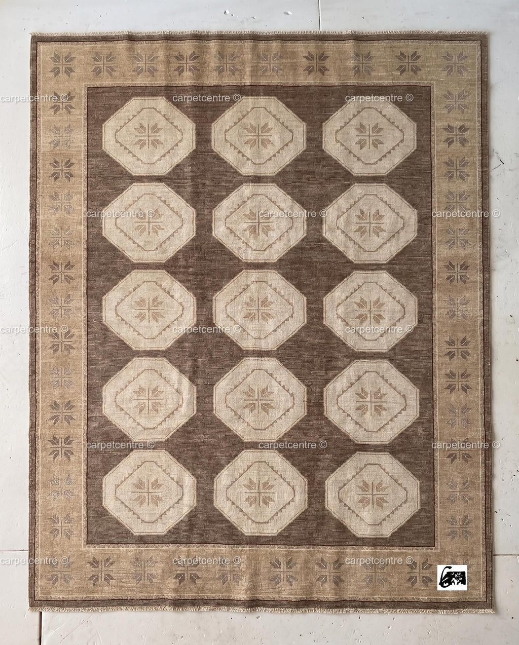Hand Knotted Oushak Rug | Brown Geometric Wool Carpet | Turkish Tribal Area Rug