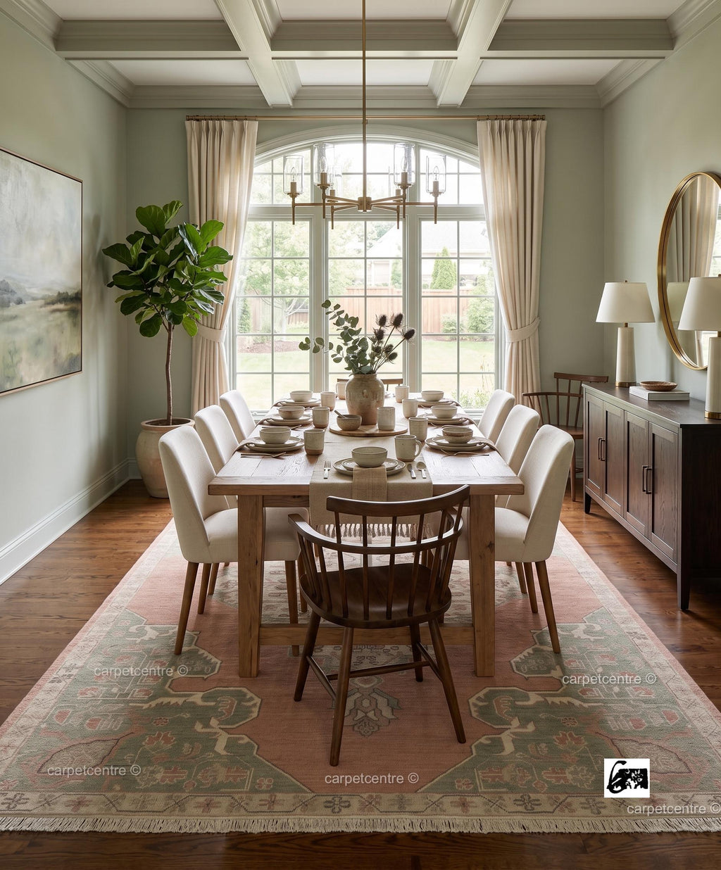 Hand Knotted Oushak Rug: Dusty Rose, Sage Green, New Zealand Wool Carpet