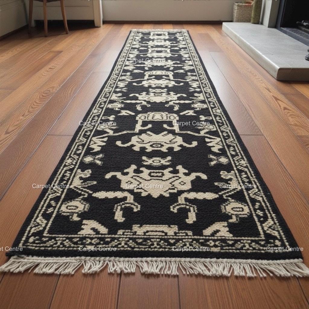 Handmade Wool Oushak Runner Rug, Black & Cream Geometric Entryway