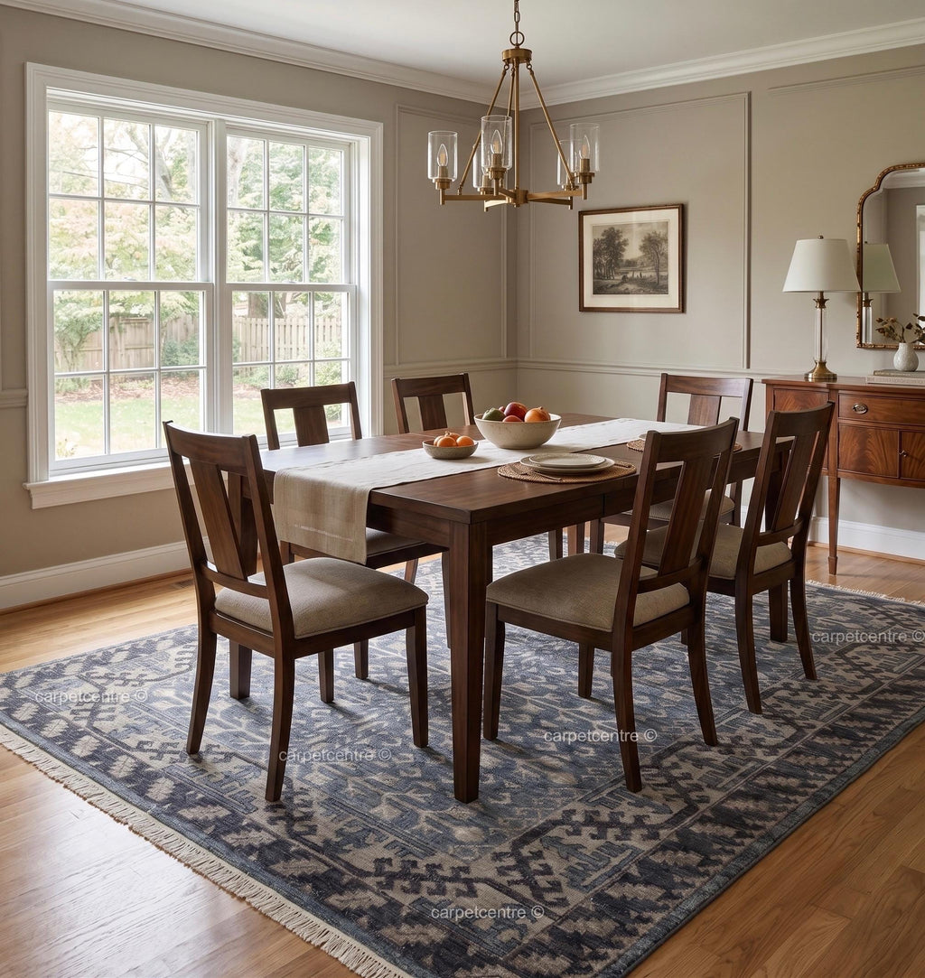 Hand Knotted Oushak Rug: Blue Tribal Wool, Turkish Design, Living Room Area Carpet