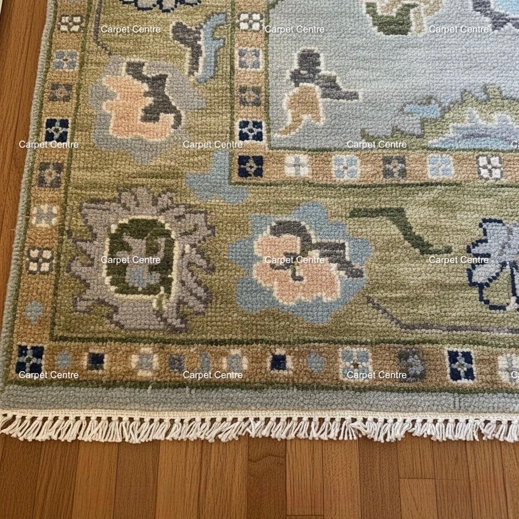 8x10 Hand-Knotted Wool Oushak Rug, Sage Green Border, Modern Traditional Floral