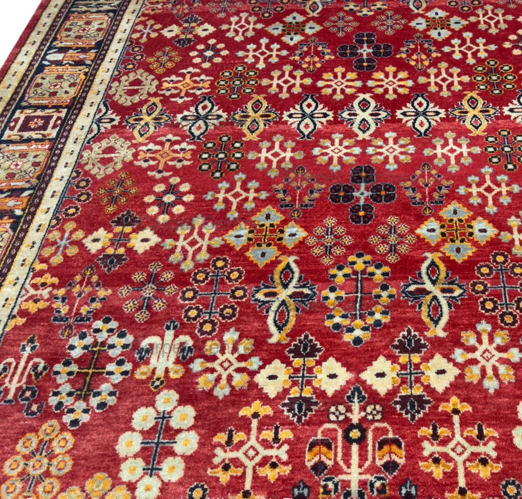 Red New Zealand Wool Rug: Hand-Knotted Geometric 5'7" x 7'10"