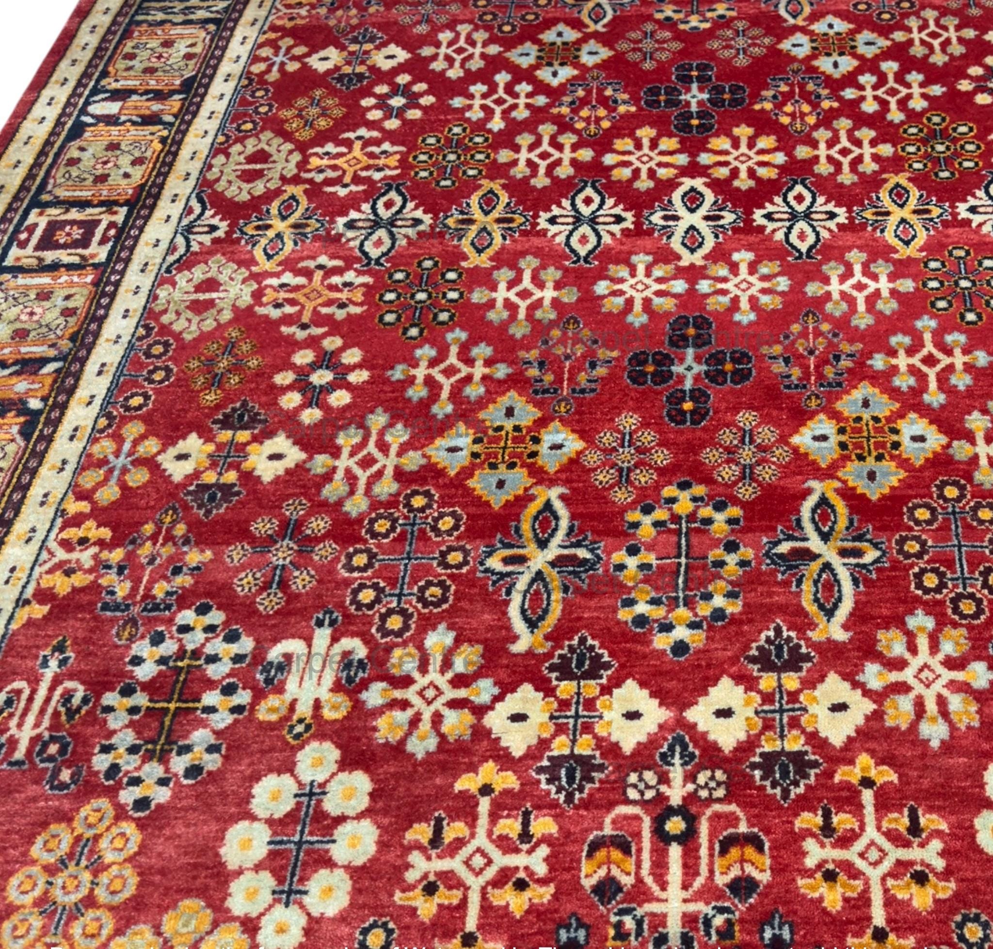 Red New Zealand Wool Rug: Hand-Knotted Geometric 5'7" x 7'10"