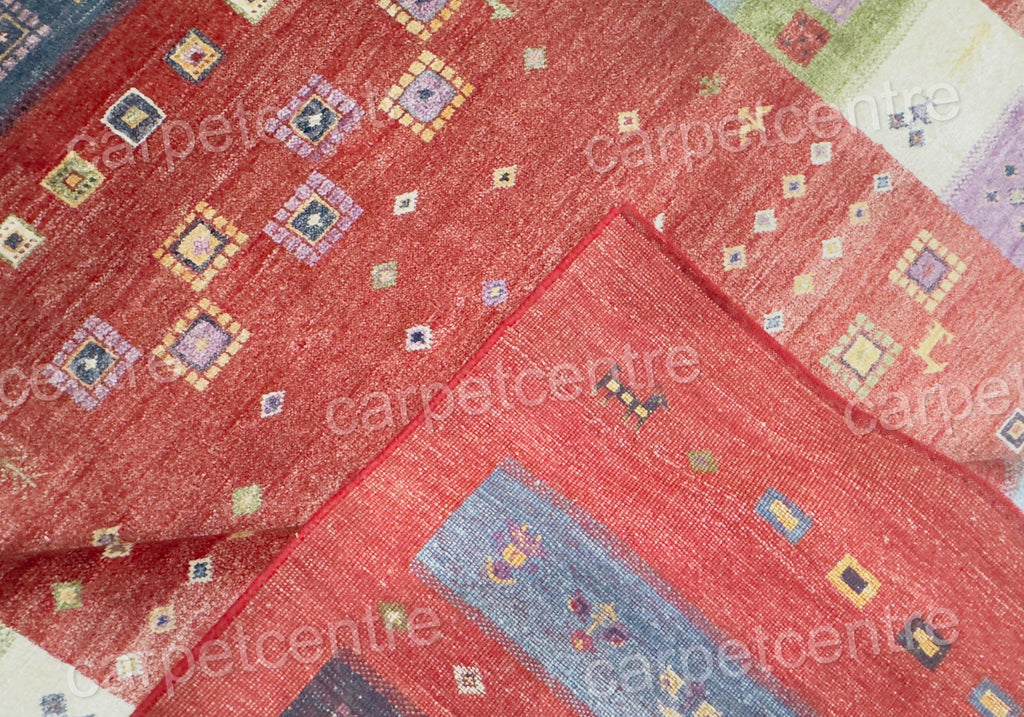 Hand-Knotted Bamboo Silk Rug | Red Geometric Tribal Gabbeh Carpet (7'5"x5'9")