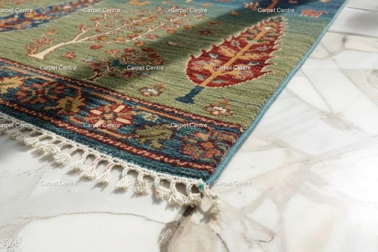 Hand-Knotted Wool Rug, Tree of Life Garden Design, Blue Green Abrash