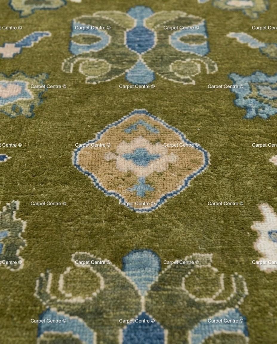 Hand Knotted Wool Oushak Rug, Olive Green, Navy Border