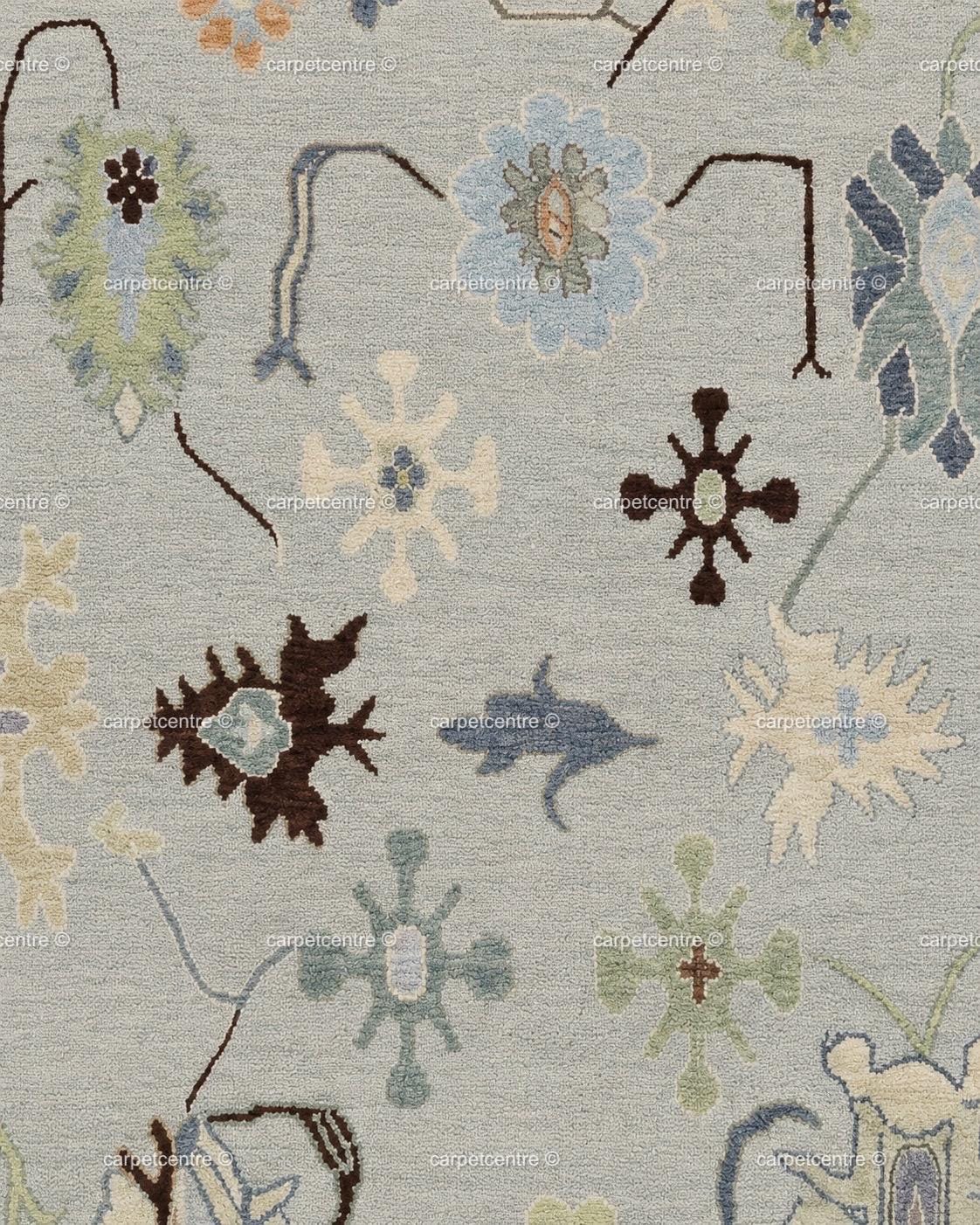 Hand Knotted Oushak Rug: Lavender Border, New Zealand Wool Carpet