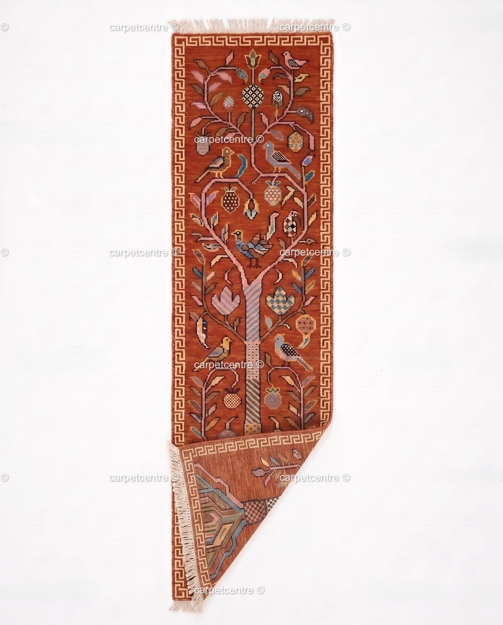 Tree of Life Runner Rug: Rust Orange Colorful Carpet Handmade Wool Area Rug