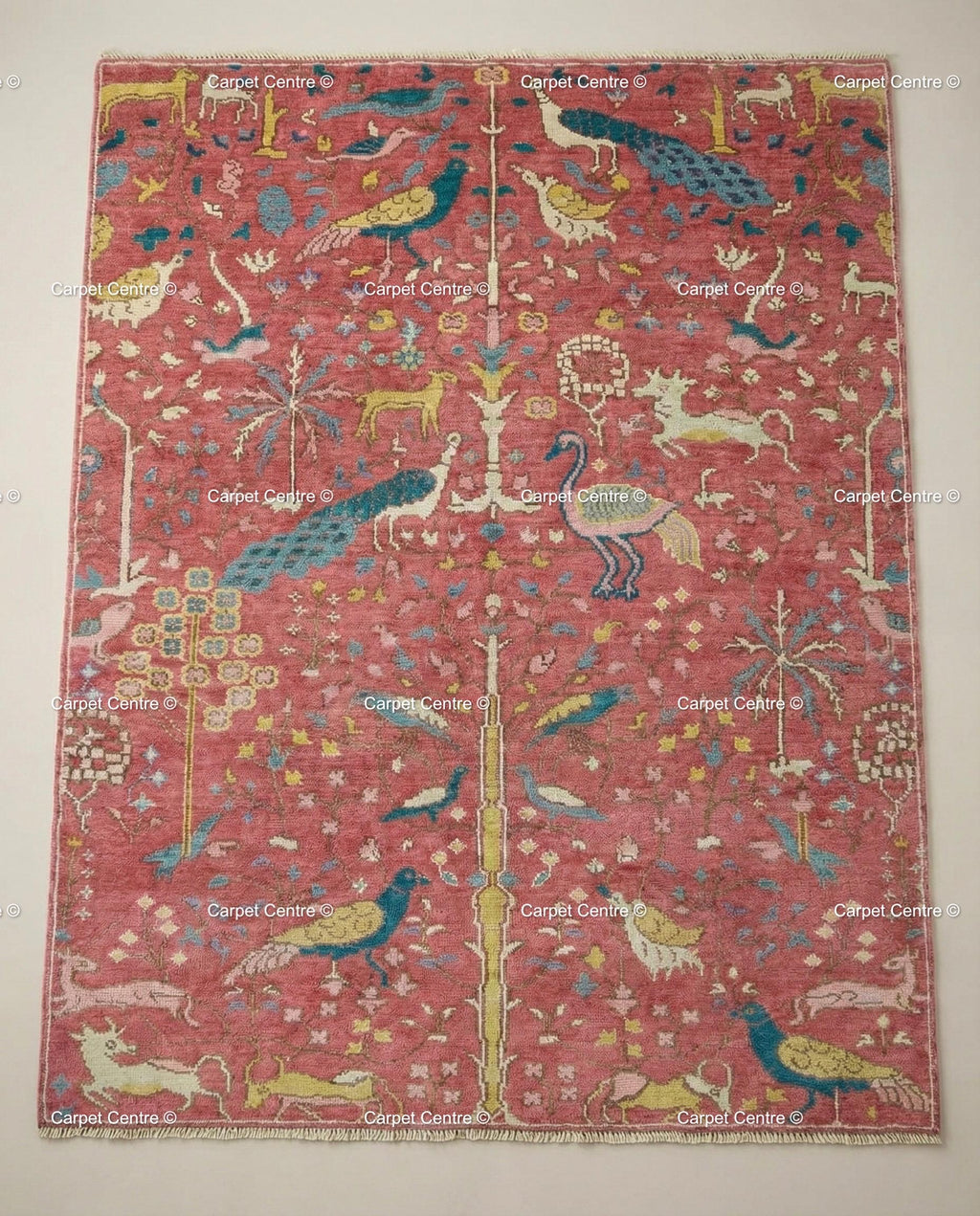 Pink Oushak Rug, Hand Knotted Wool Tree of Life Animal Rug