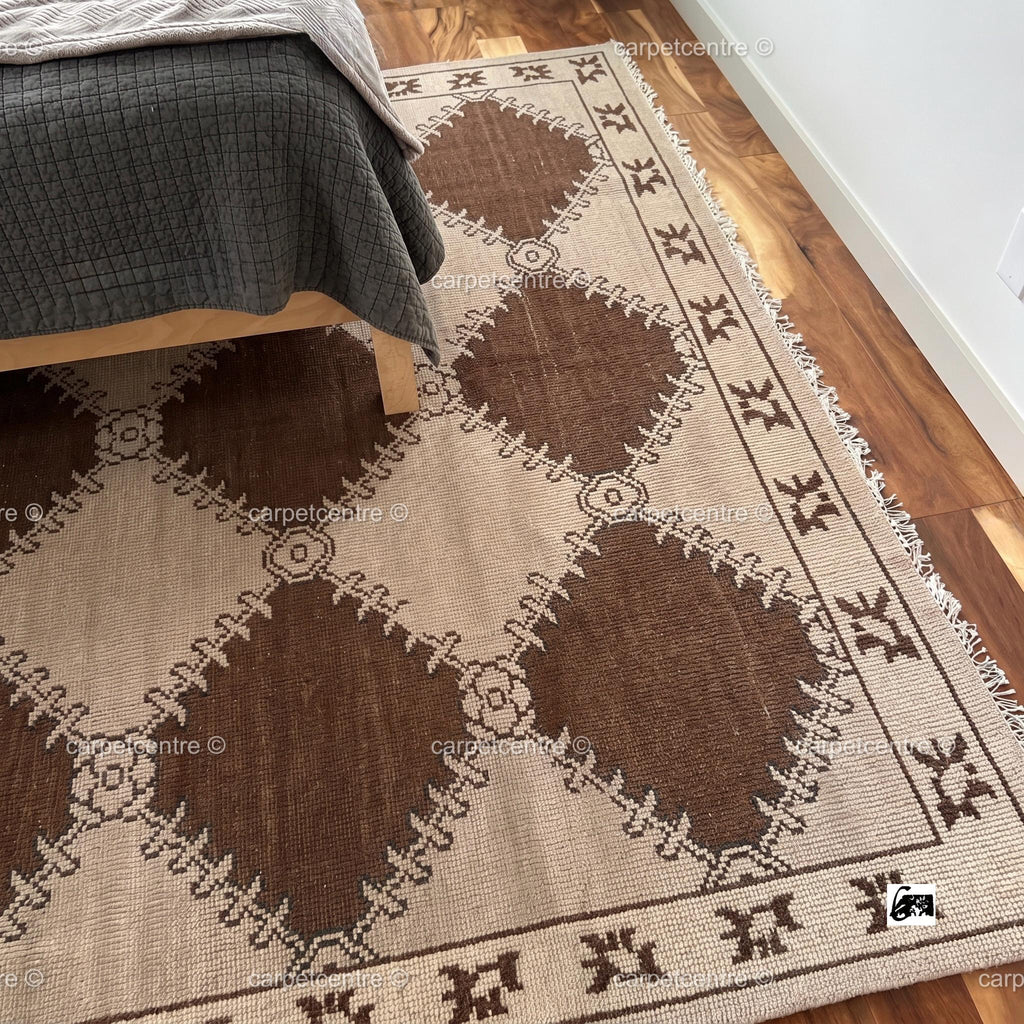 Hand Knotted Oushak Rug, Olive Green Geometric New Zealand Wool Area Rug