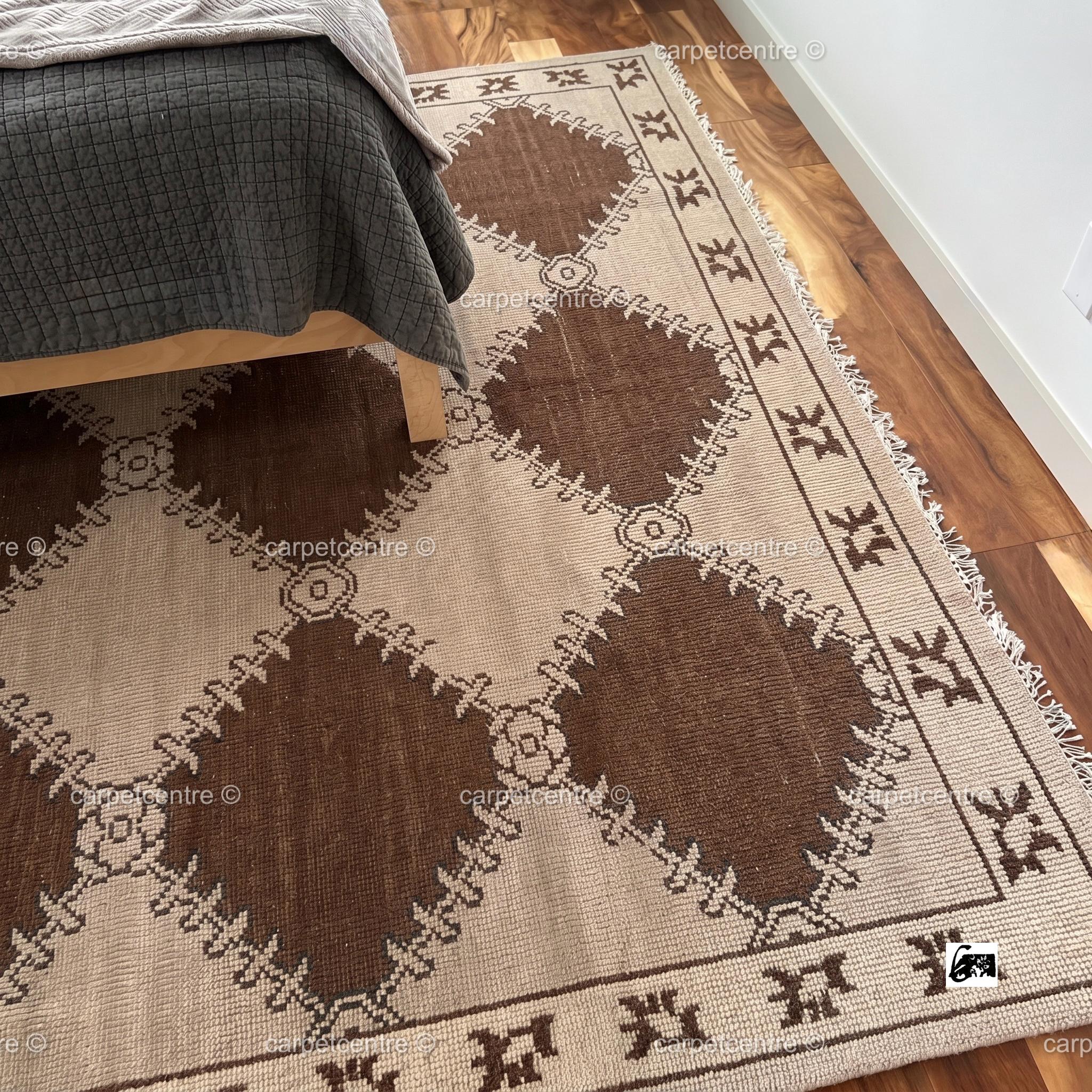 Hand Knotted Oushak Rug, Olive Green Geometric New Zealand Wool Area Rug