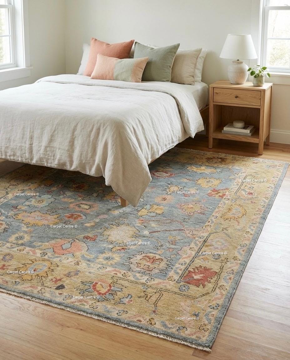 Floral Hand Knotted Oushak Wool Rug, Slate Blue & Gold