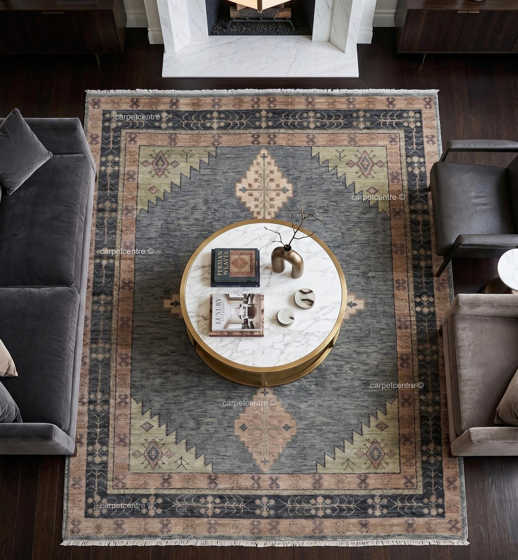 Hand Knotted Oushak Rug: Slate Blue Geometric Wool Area Rug (8x10, 9x12)