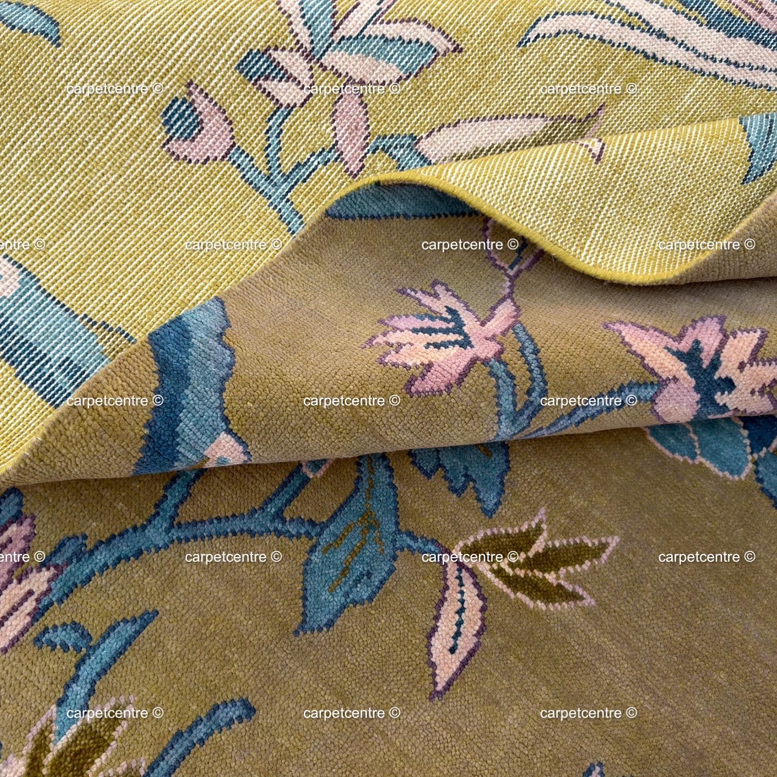 Olive Green Chinoiserie Wool Rug, Hand-Knotted Bird Pagoda Design