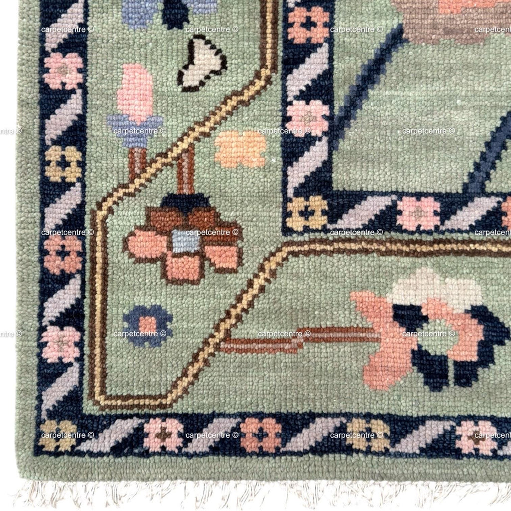 Hand Knotted Sage Green Oushak Wool Rug, Floral Botanical Area Rug