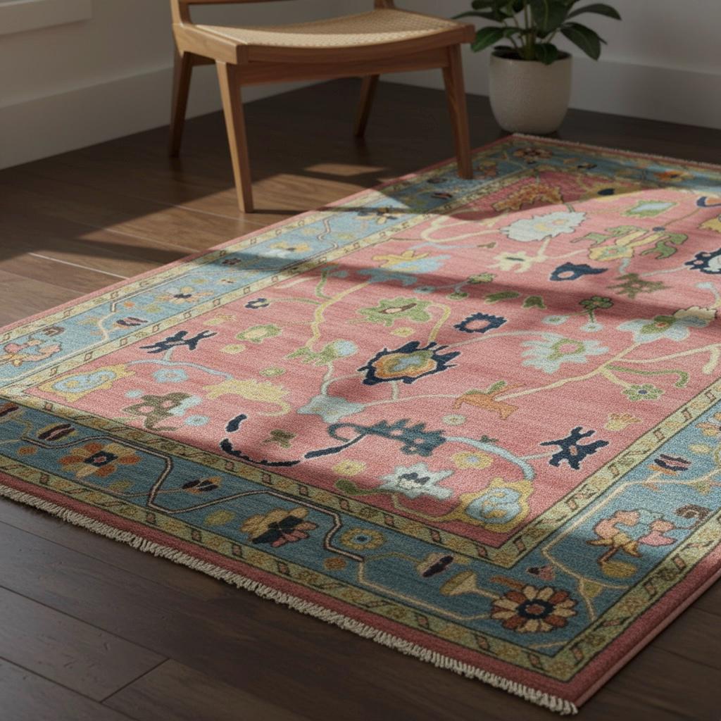 Hand-Knotted Oushak Wool Rug | Pink & Sky Blue Folk Floral