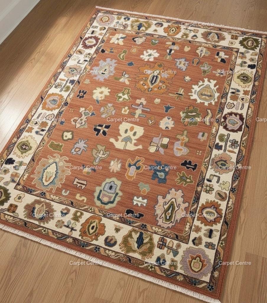 Terracotta Oushak Wool Rug, Hand-Knotted Boho Area Rug