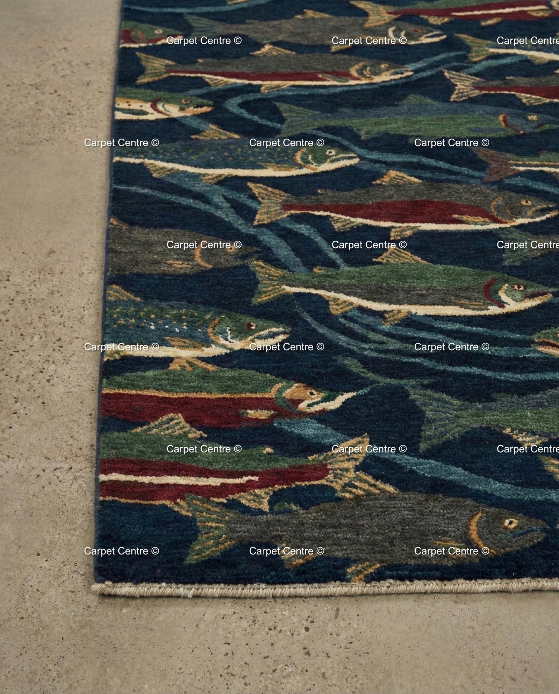 Hand Knotted Oushak Wool Rug, Navy Blue Fish, Cabin Lodge Decor