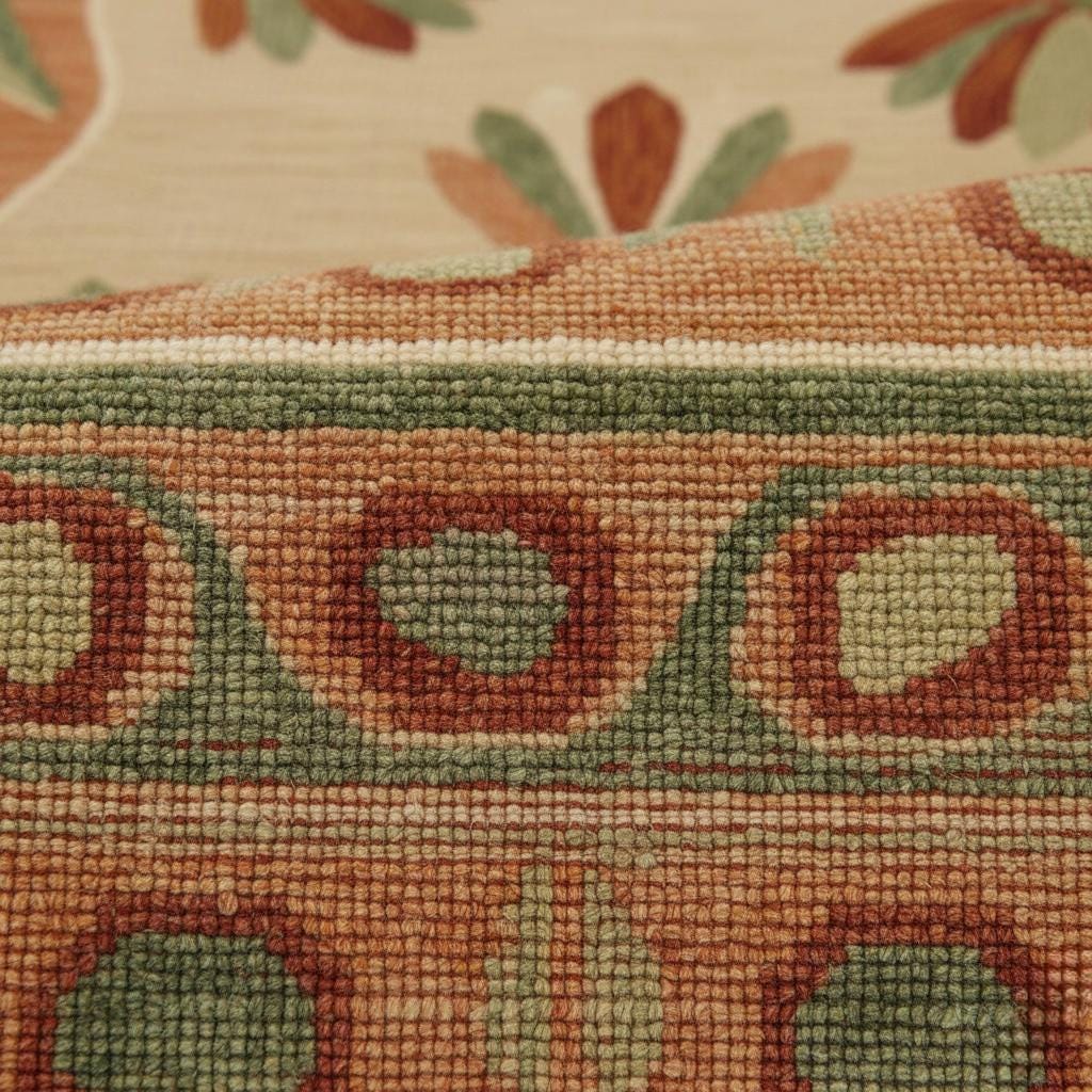 Handwoven Oushak Wool Rug: Terracotta Sage Green Floral Medallion