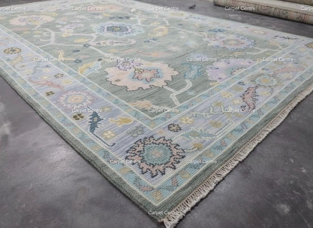 Handknotted Oushak Wool Rug | Sage Green, Pastel Floral Design