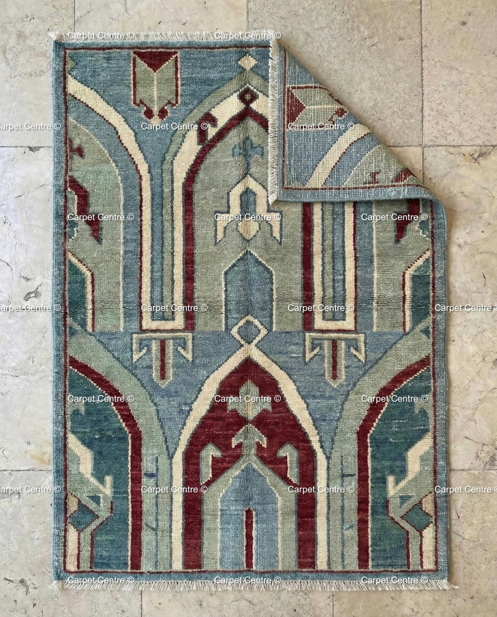 Hand Knotted Teal Oushak Rug, Geometric Arch Design, Turkish Wool