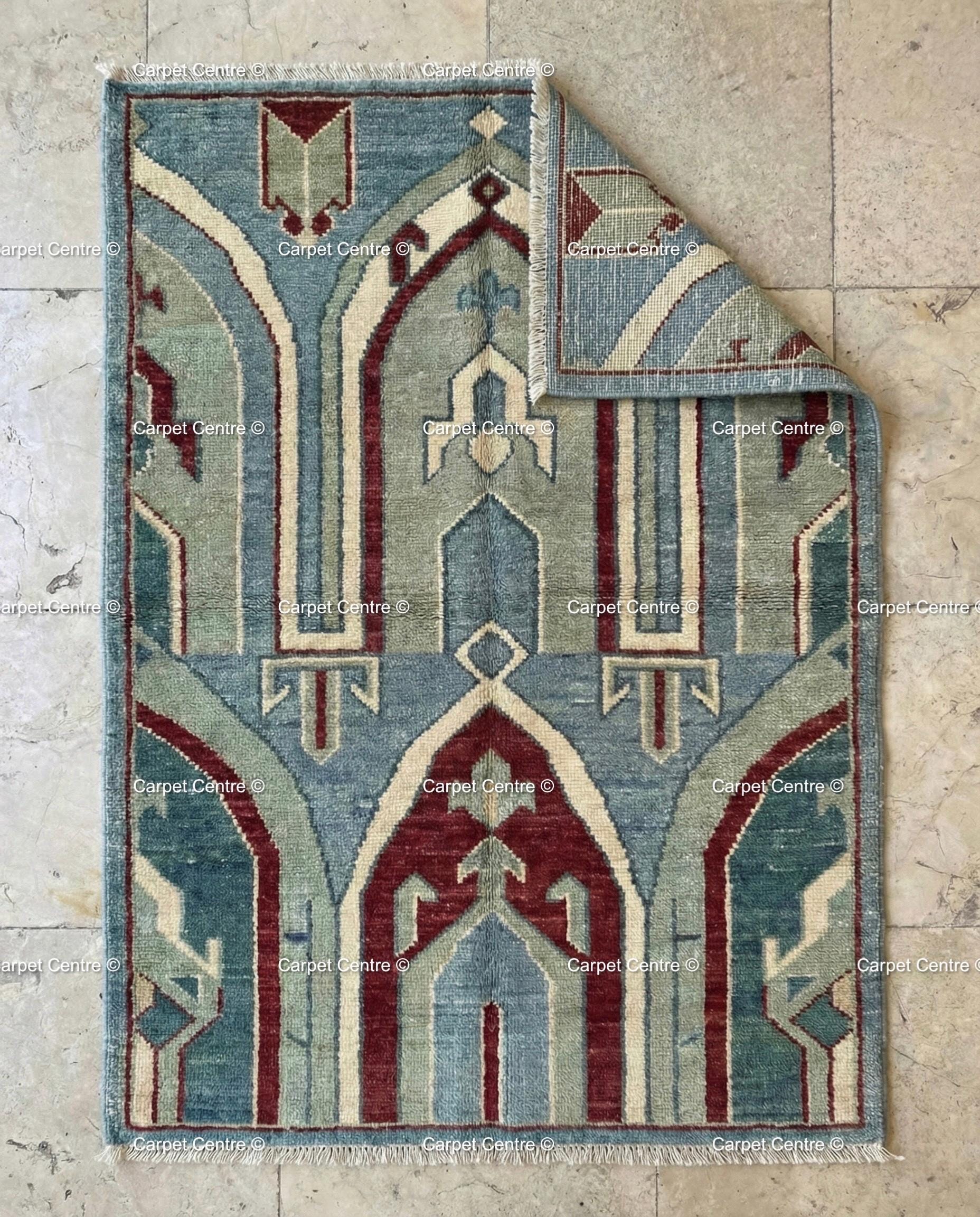 Hand Knotted Teal Oushak Rug, Geometric Arch Design, Turkish Wool