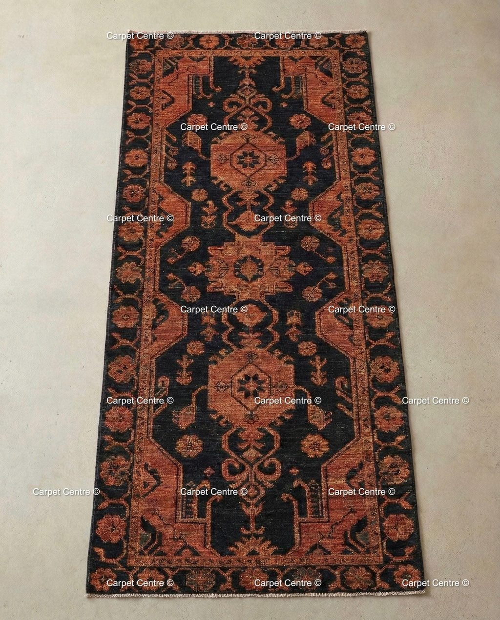 Hand Knotted Oushak Wool Runner, Black & Rust Geometric Hallway Rug