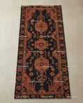Hand Knotted Oushak Wool Runner, Black & Rust Geometric Hallway Rug